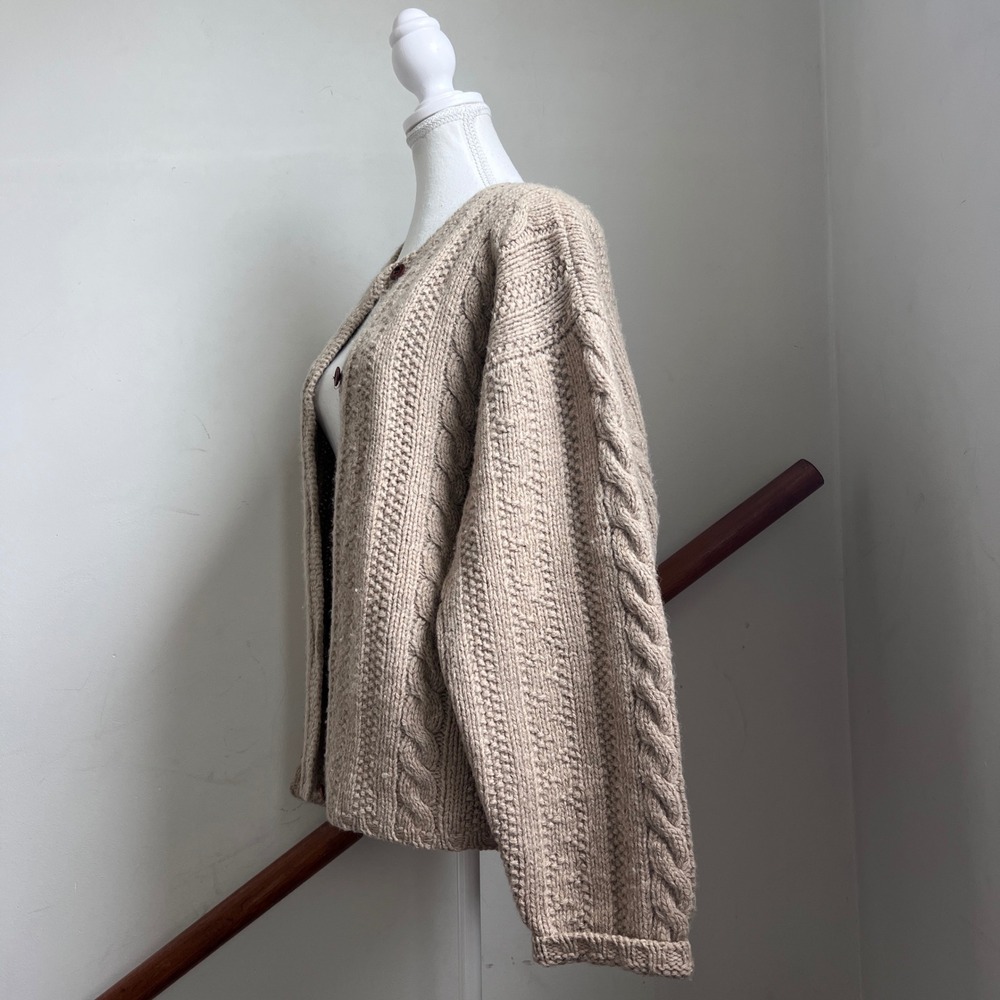 Vintage J.Crew Fisherman Cardigan Sweater Shetland Wool Boxy Cable Knit Large - Picture 4 of 10